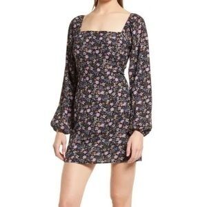 Floral Long Sleeve Square Neck Baby Doll Dress With Open Back Size M